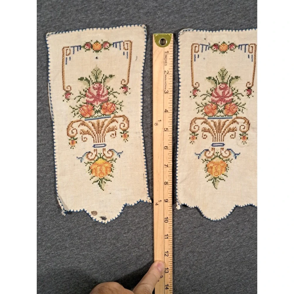 Vintage Handmade Cross Stitch Linen Floral Urn Scalloped Panels Set of 2 Cream